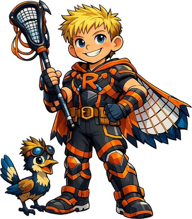 R-Force, Rowyn's superhero mascot, holding a lacrosse stick